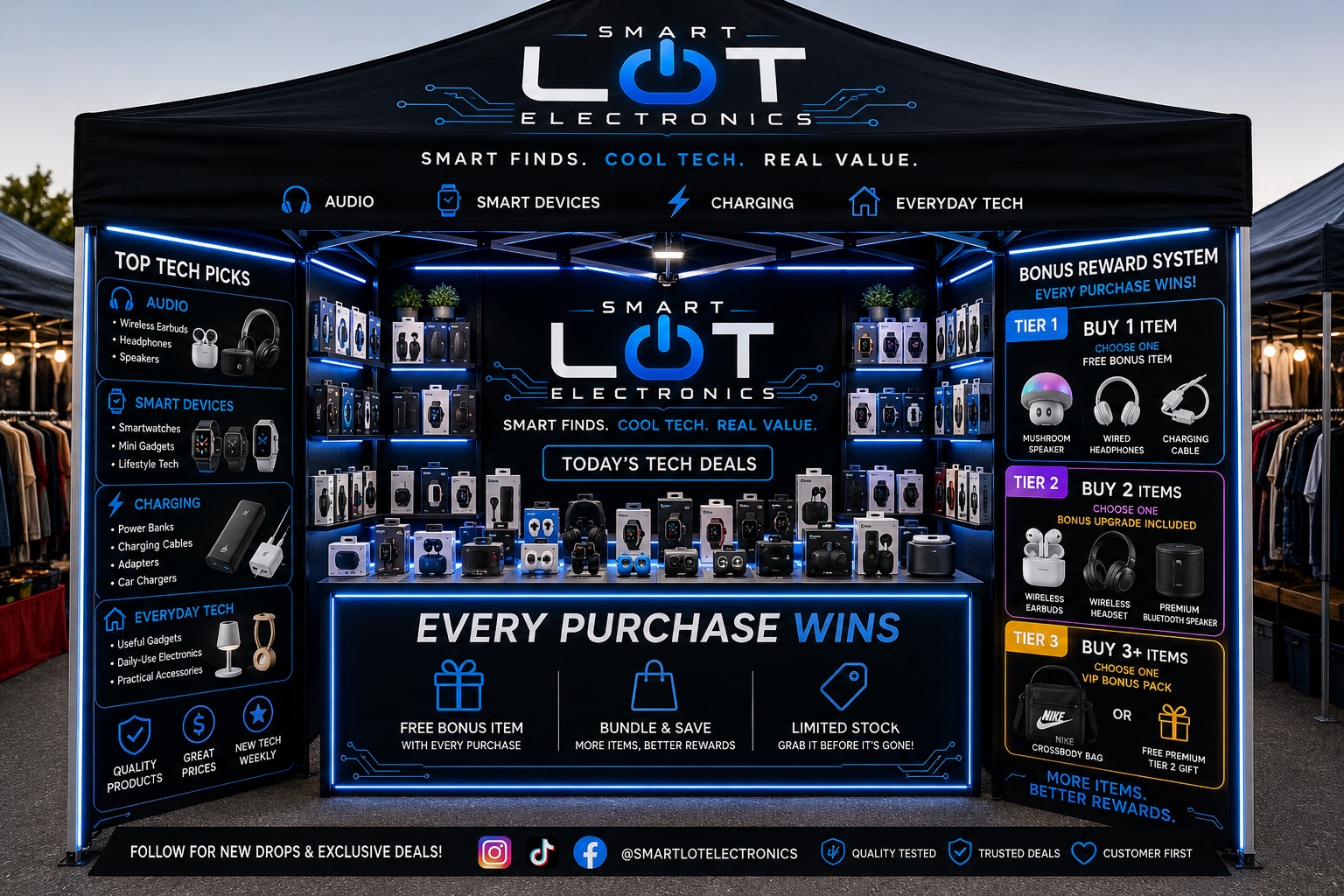 Smart Lot Electronics booth — black canopy, LED-lit shelves of audio gear, smartwatches, charging, and everyday tech, with the bonus reward system on display